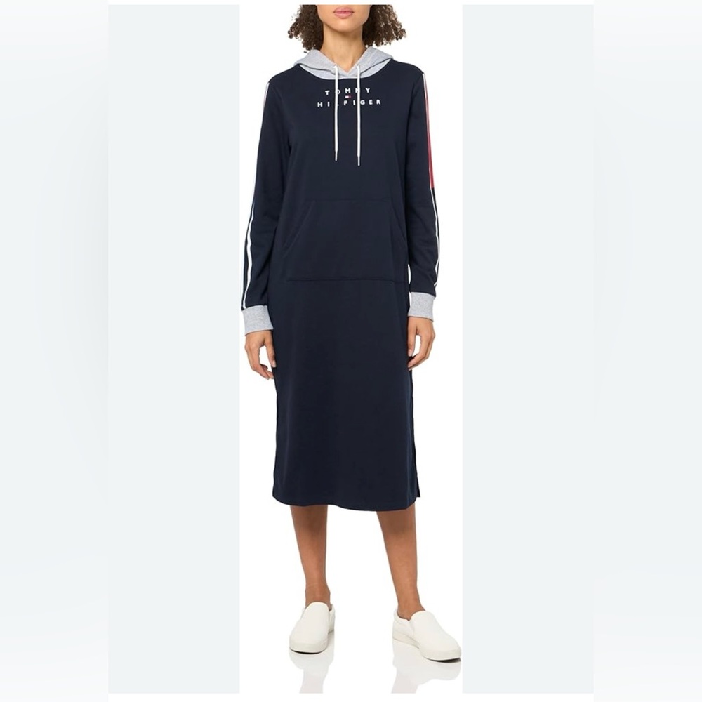 TOMMY HILFIGER Navy Hoodie Dress with Striped Sleeves, size XL